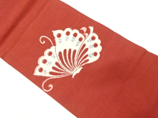 手織り紬　蝶模様織り出し　袋帯